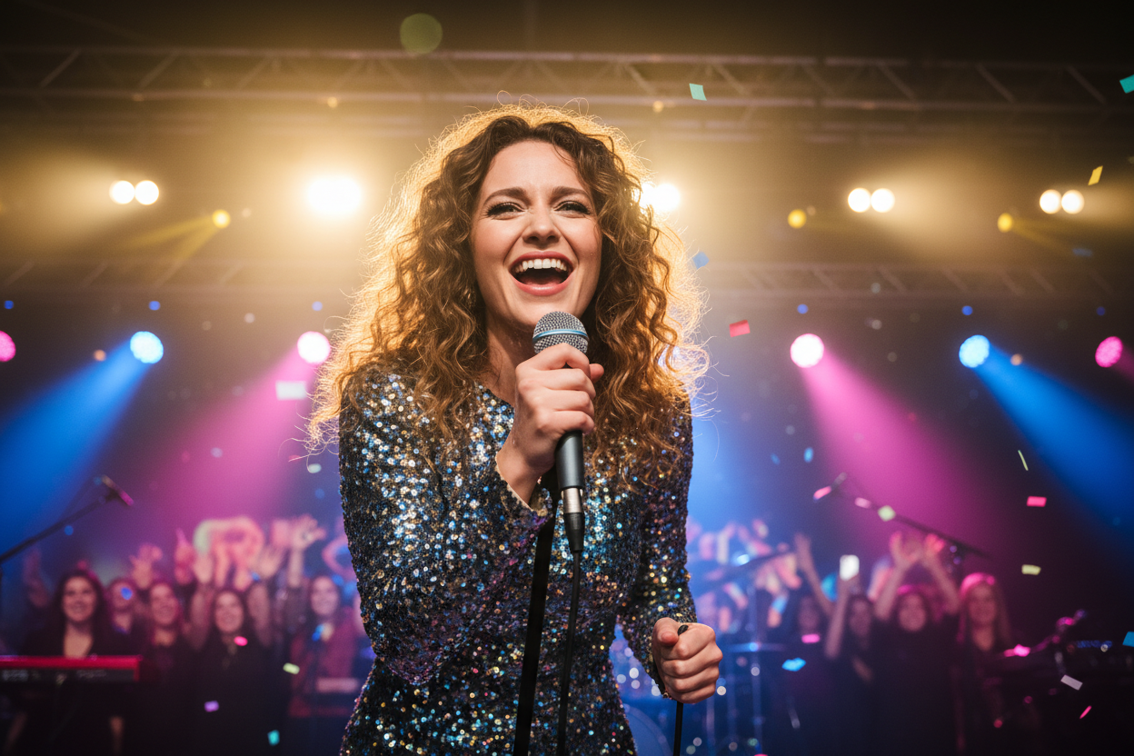 singer holding a microphone being happy