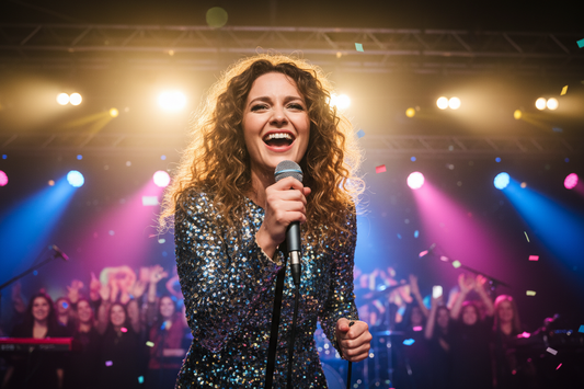 singer holding a microphone being happy